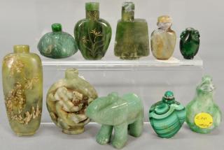 Appraisal: Ten carved hardstone snuff bottles to include malachite jade jadeite