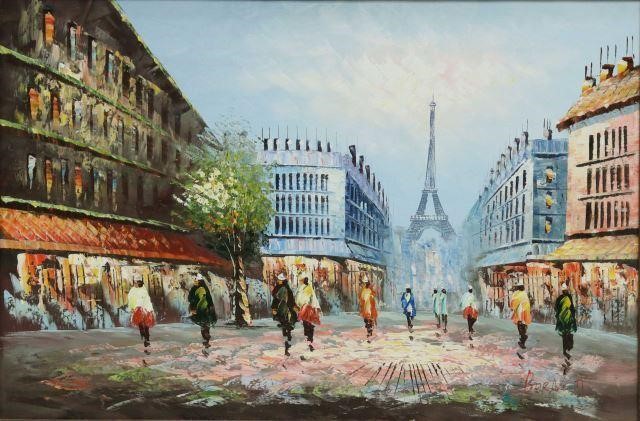 Appraisal: Framed oil on canvas painting Paris Street Scene signed lower