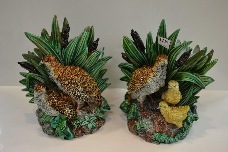 Appraisal: PAIR OF MAJOLICA FIGURAL VASES BY H LONITZ REPAIRS