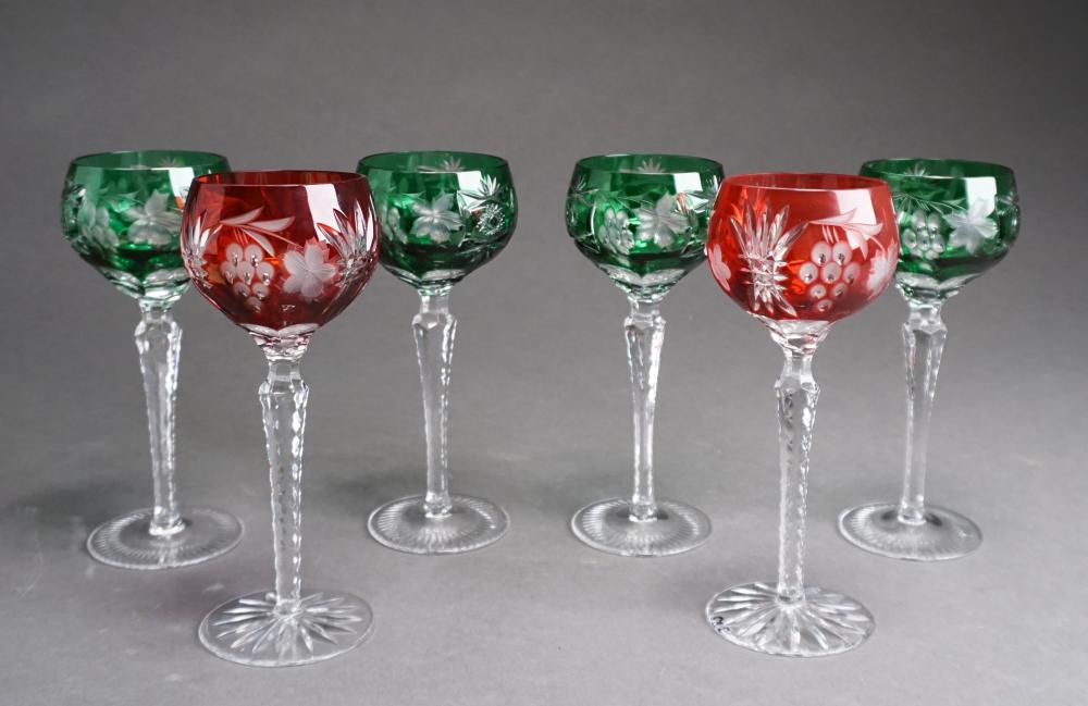 Appraisal: Set of Six Cut Colored to Clear Glass Stem Hocks