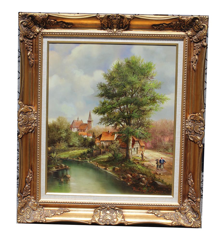 Appraisal: European School Village Scene Signed lower right Oil on Canvas