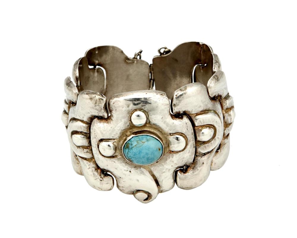 Appraisal: A Matl silver link bracelet with turquoise Matilde Poulat c