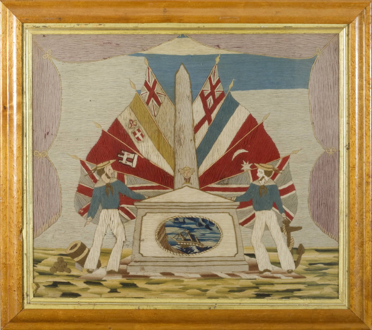 Appraisal: WOOLWORK PICTURE OF A BRITISH SAILOR'S MEMORIAL Depicting an obelisk