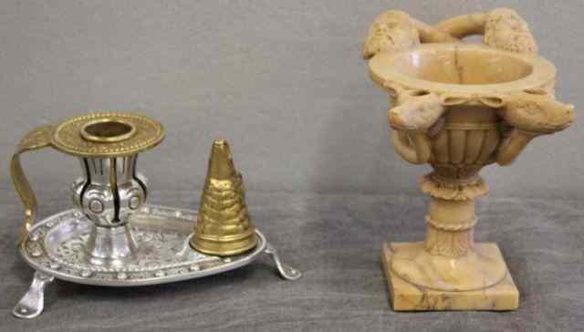 Appraisal: Carved Marble Oil Lamp in Greek Style and SilverPlate and