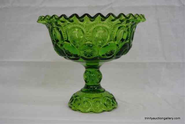 Appraisal: Vintage Moon Stars Green Glass Crimped CompoteStands '' tall produced