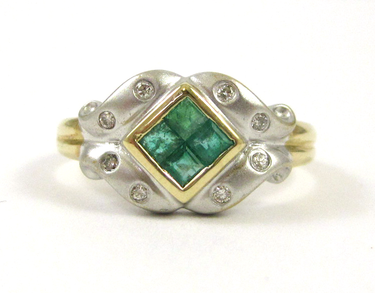 Appraisal: EMERALD DIAMOND AND FOURTEEN KARAT GOLD RING The white and