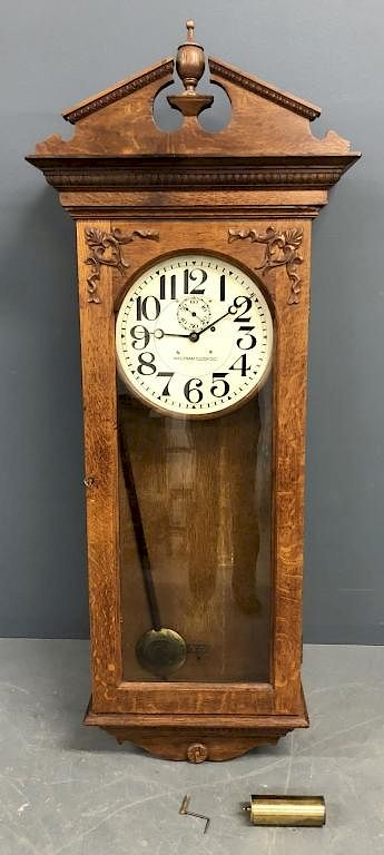 Appraisal: Large Waltham Oak Cased Regulator Clock Large Waltham Clock Co