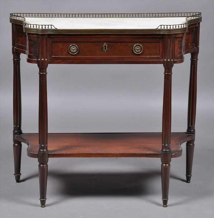 Appraisal: LOUIS XVI BRASS-MOUNTED MAHOGANY MARBLE-TOP CONSOLE DESSERTE The pierced three-quarter