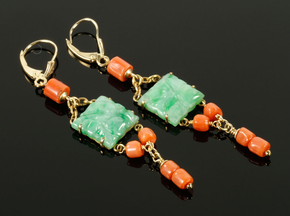 Appraisal: - Chinese K Gold Jade and Coral Earrings Chinese K