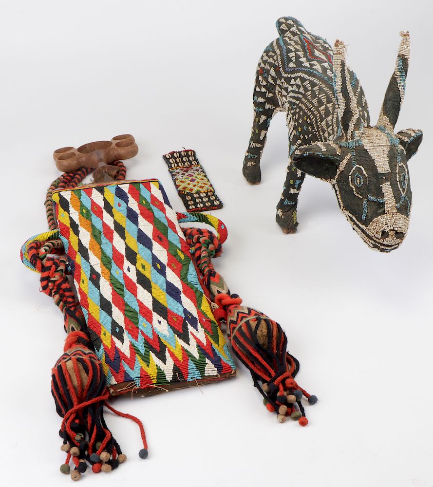 Appraisal: Three Cameroonian Beaded Objects Three Cameroonian Beaded Objects An iron