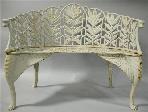 Appraisal: WHITE PAINTED WROUGHT IRON GARDEN BENCH th century the scalloped-edged