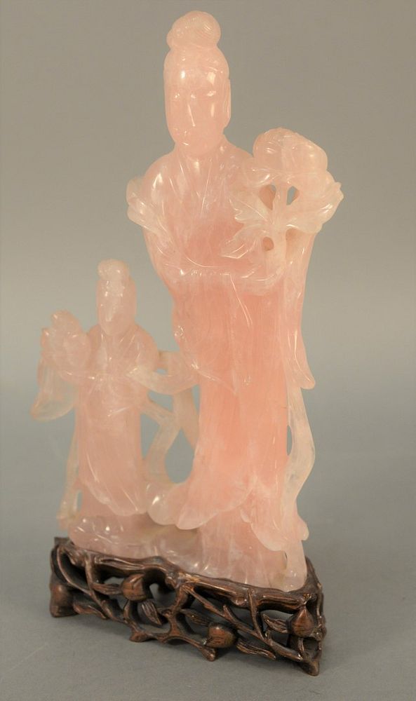 Appraisal: Chinese pink quartz double figure large Guanyin and small Guanyin