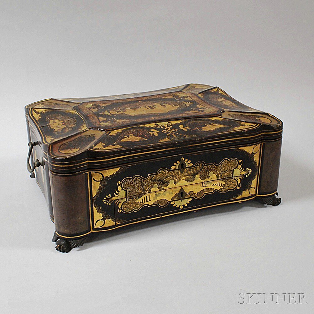 Appraisal: Chinese Export Lacquered and Gilt Sewing Box th century the