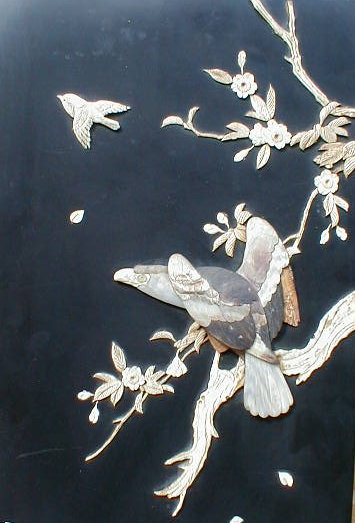 Appraisal: A pair of Japanese lacquer shibayama panels depicting birds of