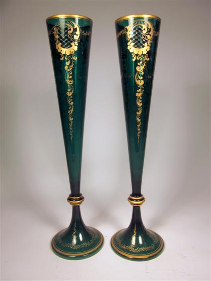 Appraisal: Pair of Continental gilt and green glass vases th century