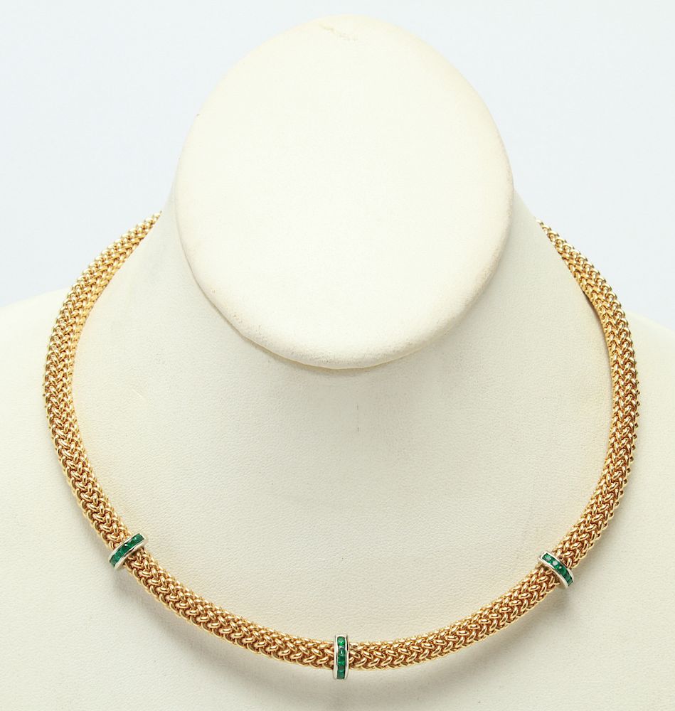 Appraisal: K Yellow Gold Braid w Emeralds Choker Necklace K yellow