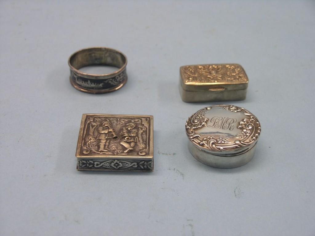 Appraisal: Three various small continental silver boxes and a Siamese silver