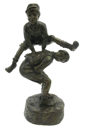 Appraisal: BRONZE FIGURAL SCULPTURE of two playful boys playing leapfrog impressed