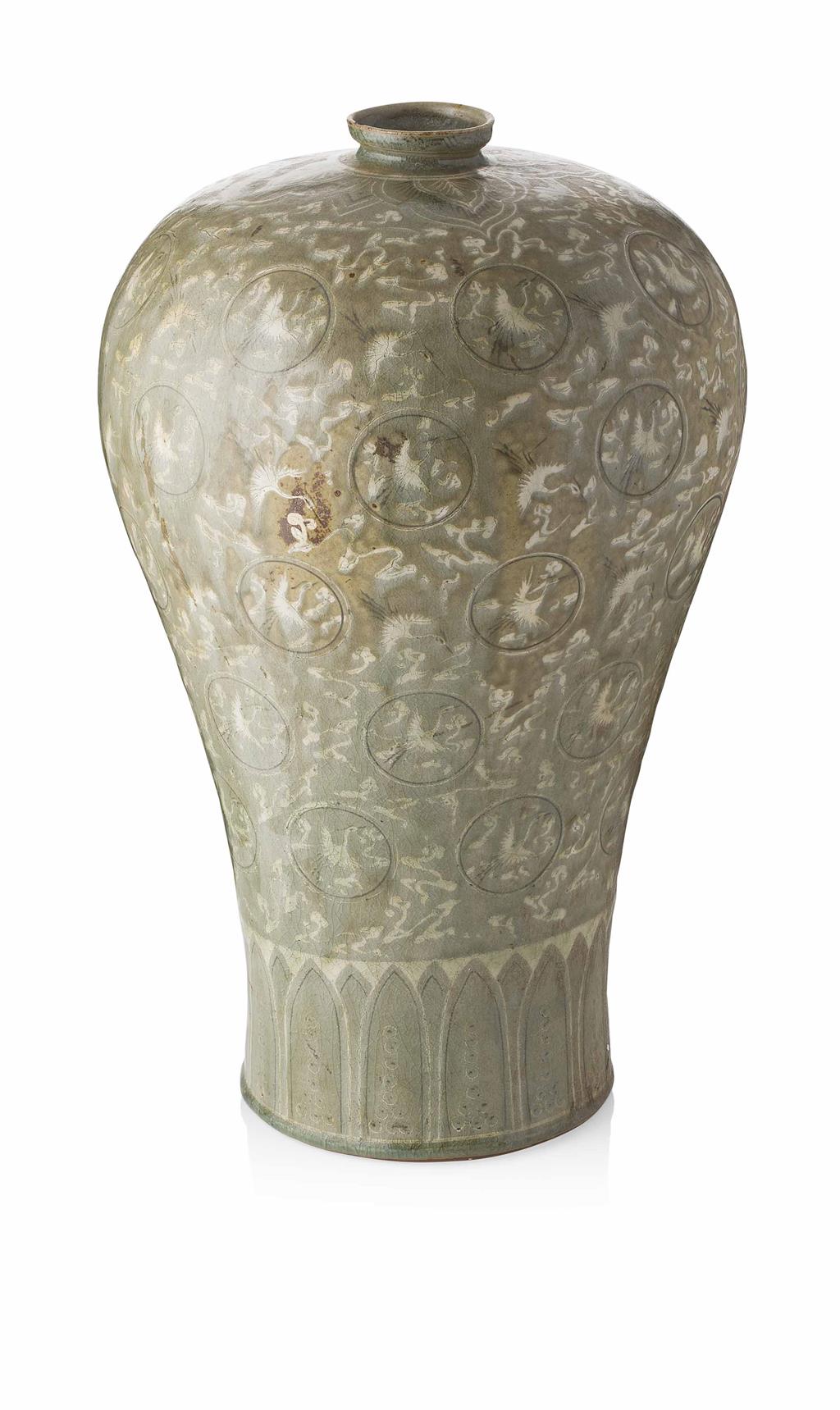 Appraisal: KOREAN CELADON-GLAZED MEIPING VASE KORYO DYNASTY the body decorated with