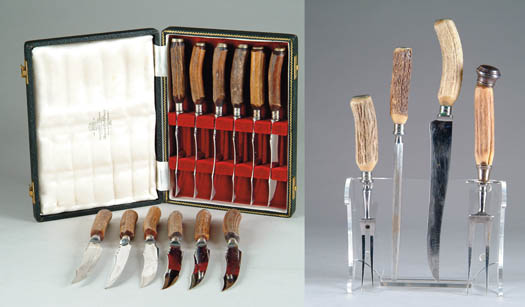 Appraisal: STAG HANDLE CARVING SET AND CASED KNIVES Two fitted cases