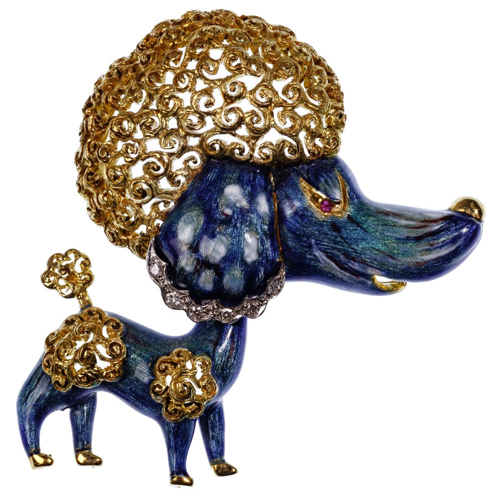 Appraisal: K YELLOW GOLD ENAMEL AND DIAMOND DOG BROOCHBlue enamel in