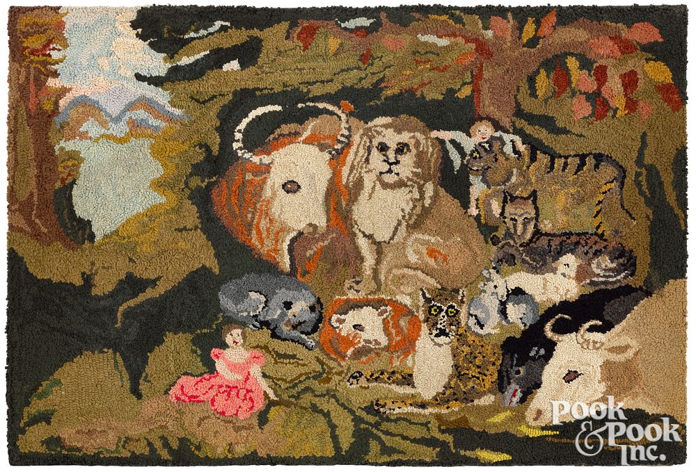 Appraisal: Hooked Peaceable Kingdom rug early th c Hooked Peaceable Kingdom