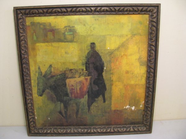 Appraisal: Oil painting on board of man and donkey with rustic