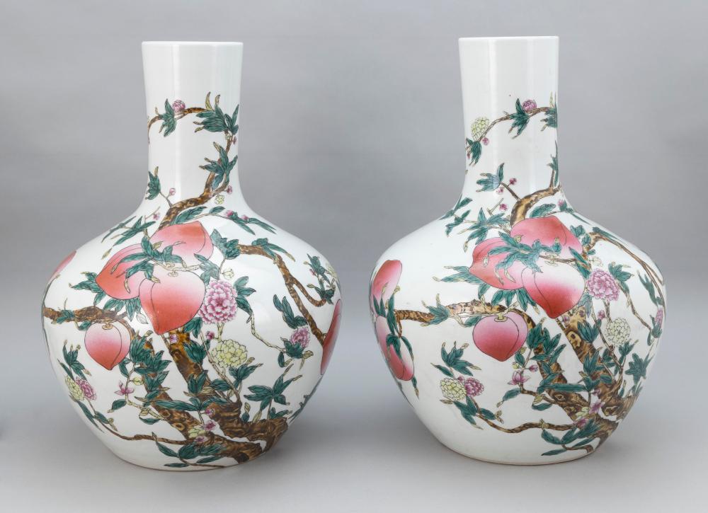 Appraisal: PAIR OF OVERSIZE CHINESE NINE-PEACH PORCELAIN BOTTLE VASES TH CENTURY