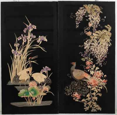 Appraisal: A Pair of Japanese Embroidered Screens Both having hand-stitch work