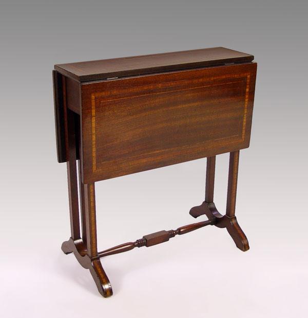 Appraisal: DIMINUTIVE BANDED MAHOGANY DROP LEAF SIDE TABLE A mere ''