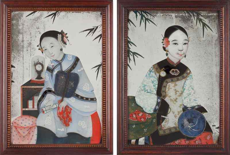 Appraisal: Pair of Chinese Reverse Paintings on Mirror Glasscirca each depicting