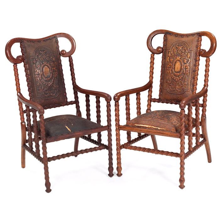 Appraisal: Arts Crafts hall chairs pair possibly Hunzinger in oak tooled