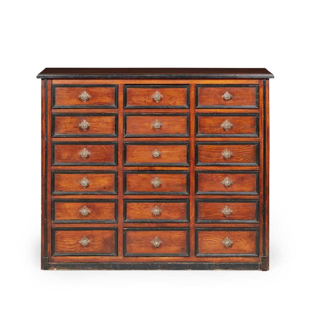 Appraisal: CONTINENTAL WALNUT PINE AND EBONISED APOTHECARY'S CHEST OF DRAWERS the