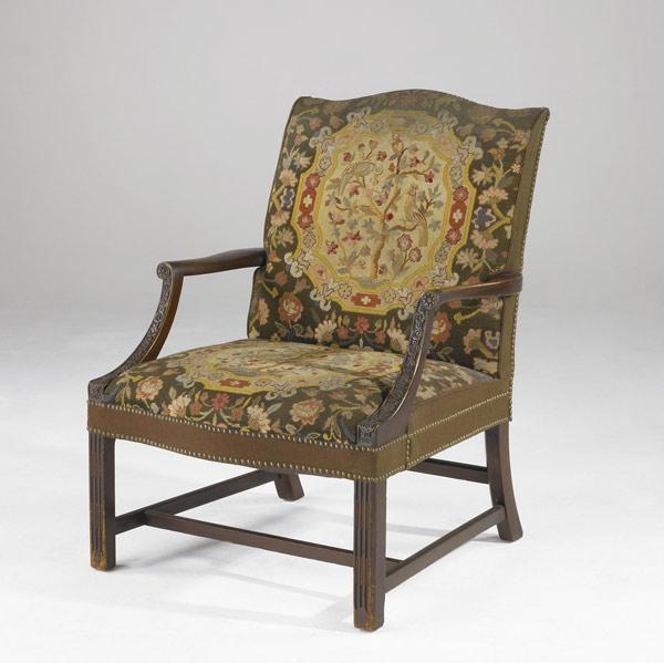 Appraisal: ENGLISH TAPESTRY ARMCHAIR Upholstered with needlepoint seat and back th