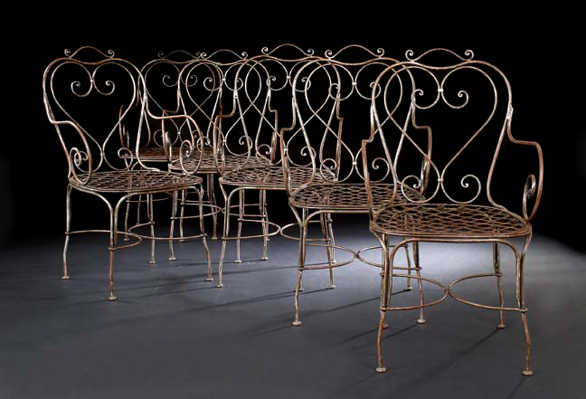 Appraisal: Suite of Six Victorian-Style Wrought-Iron Garden Chairs each with a