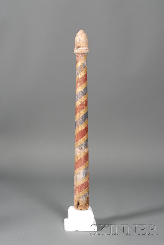 Appraisal: Red Blue and Gilt-painted Turned Wooden Barber Pole America late