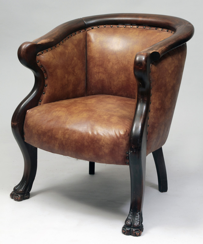 Appraisal: Victorian Style Mahogany and Leather Upholstered Tub-Back Armchair x x