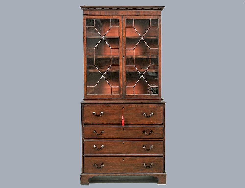 Appraisal: GEORGE III MAHOGANY BOOKCASE SECRETARY English th Century In two