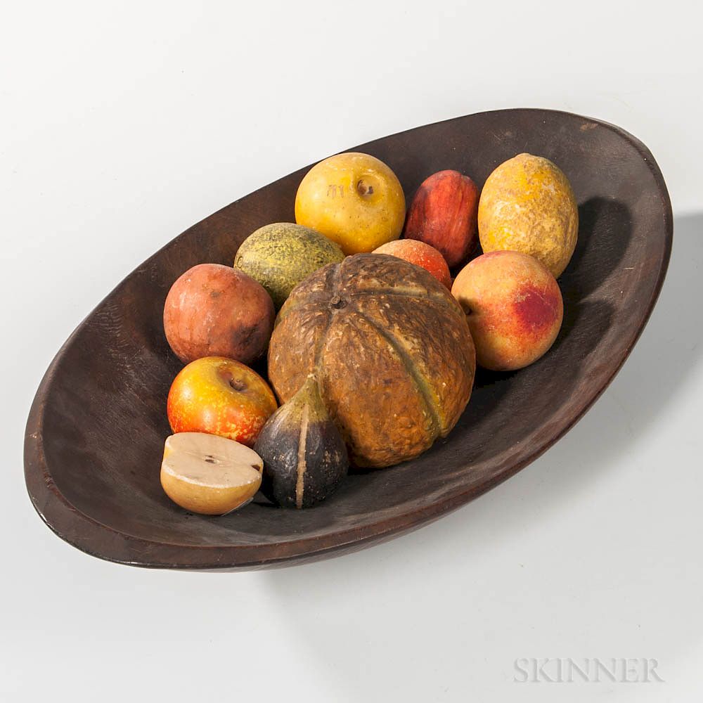 Appraisal: Oval Wooden Bowl with Eleven Stone Fruit Oval Wooden Bowl