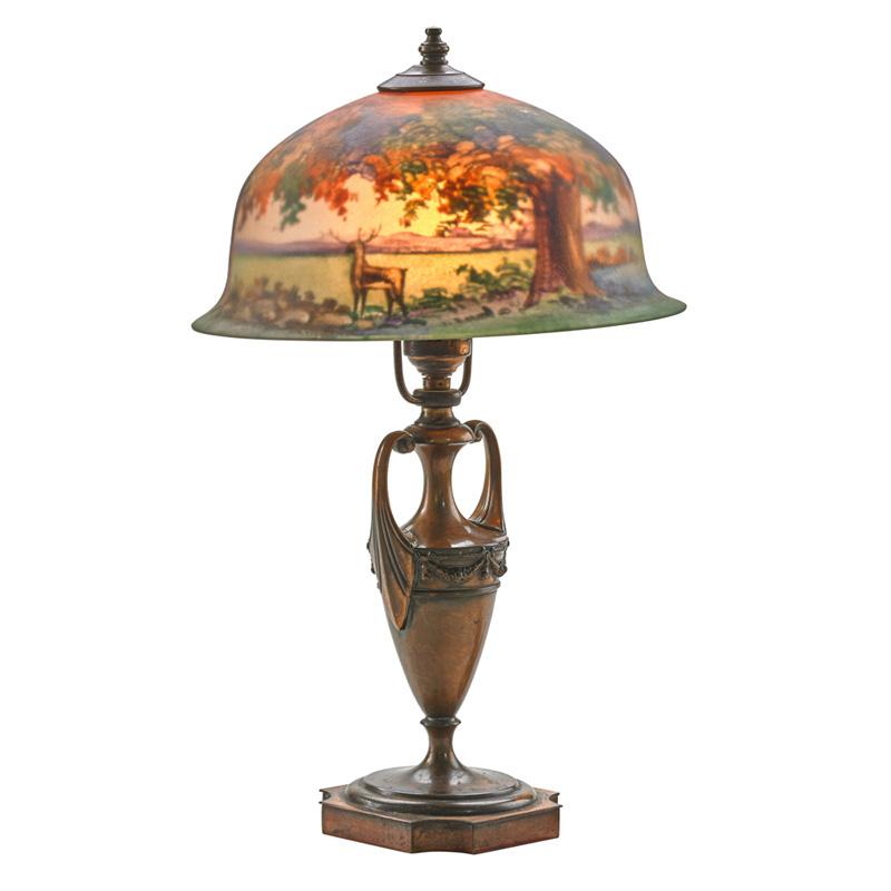 Appraisal: PAIRPOINT Boudoir lamp autumnal scene Condition Report Shade intact Some