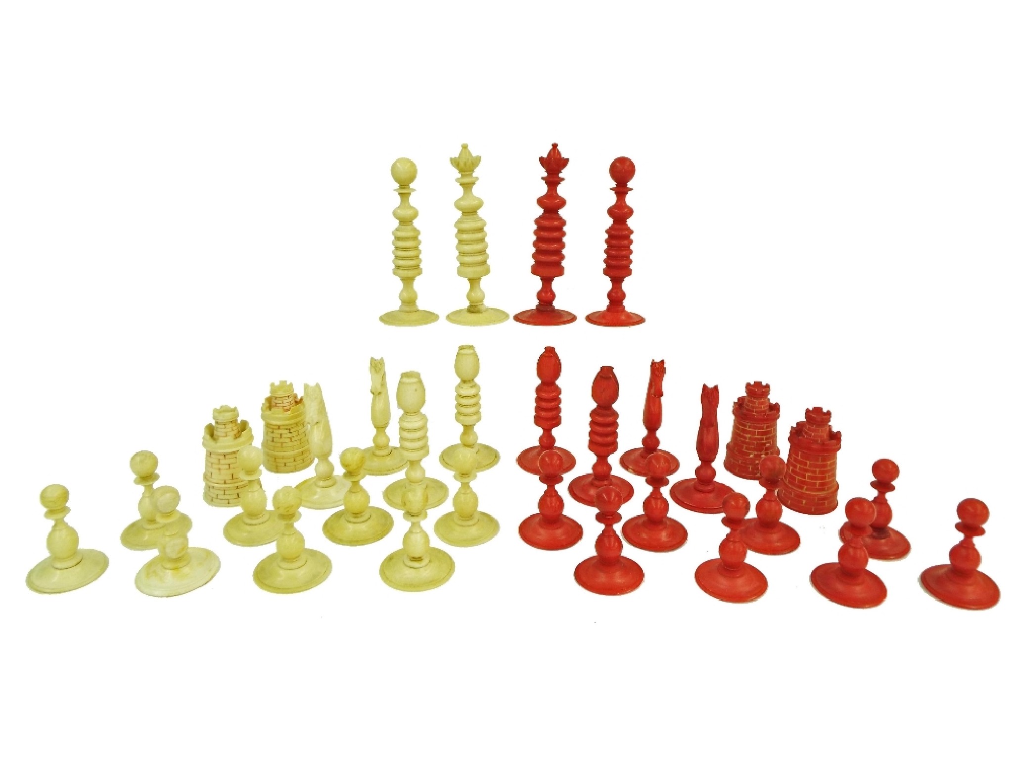 Appraisal: th century ivory chess set with double tower rooks height