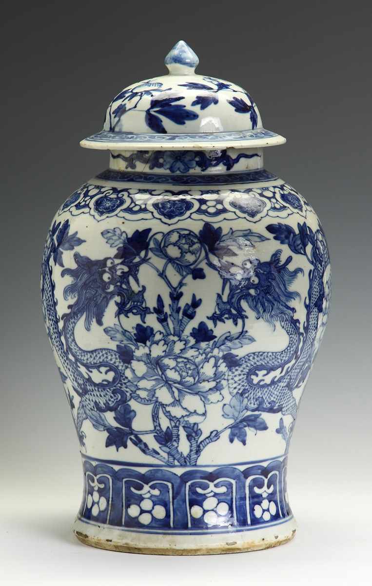 Appraisal: th cent Blue White Chinese Temple Jar Decorated w dragons