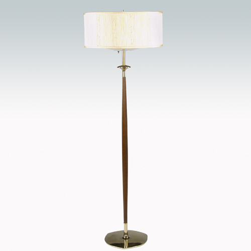 Appraisal: LAUREL Walnut and brass three-socket floor lamp with original fabric