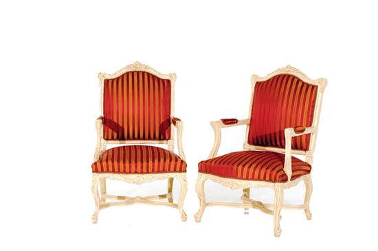 Appraisal: Pair Louis XV style carved and painted fauteuils bead-and- channel