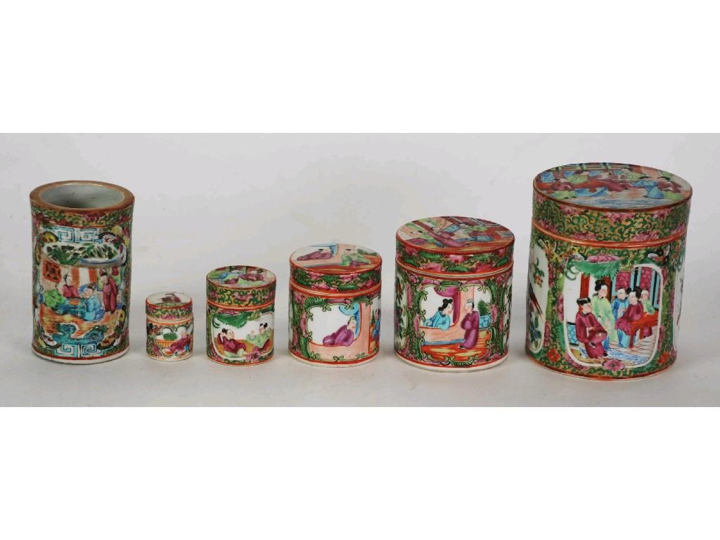 Appraisal: A SUITE OF FIVE CANTONESE PORCELAIN GRADUATED CYLINDRICAL LIDDED CONTAINERS