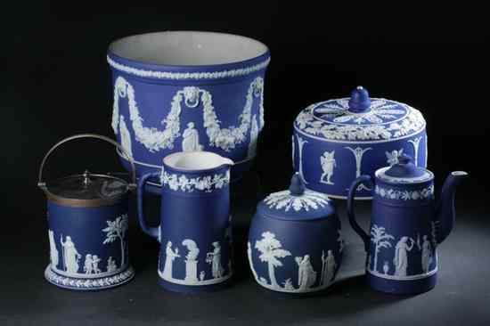 Appraisal: SIX PIECES WEDGWOOD DARK BLUE JASPERWARE th century Including jardiniere