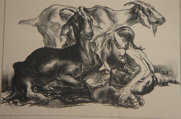 Appraisal: John Costigan American b w lithograph Child With Goats x