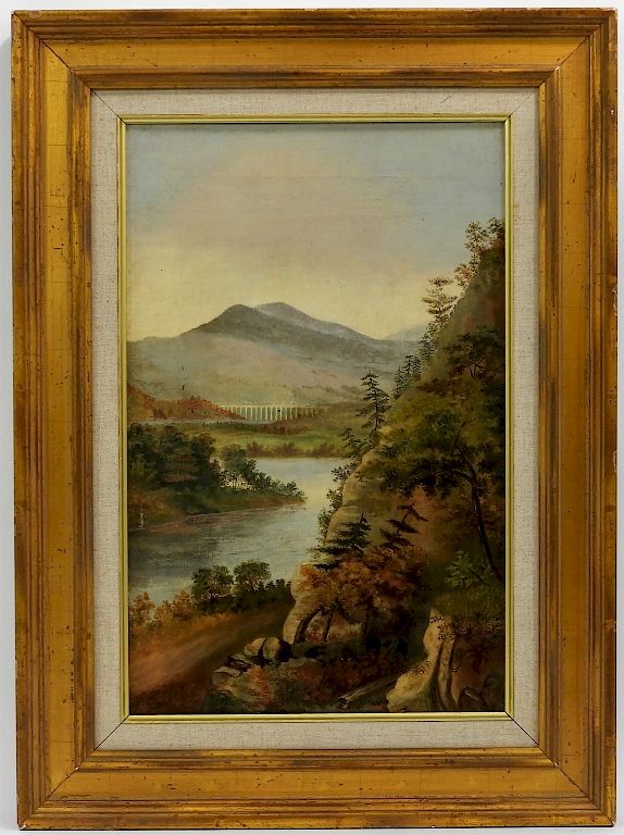 Appraisal: American School Mountain River Landscape Painting United States th Century