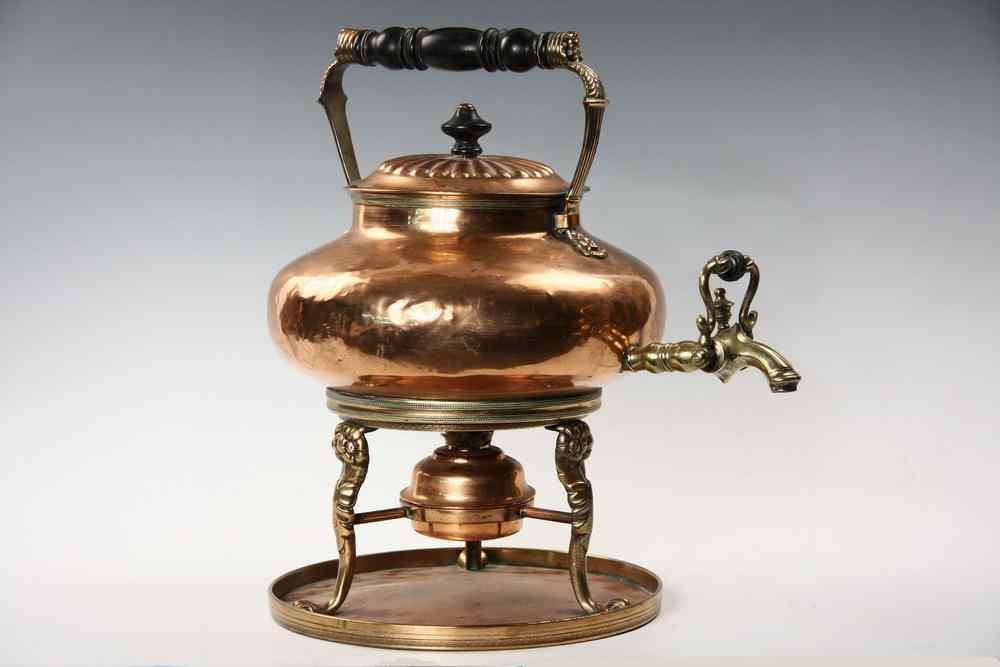 Appraisal: KETTLE ON STAND - th c copper and brass with