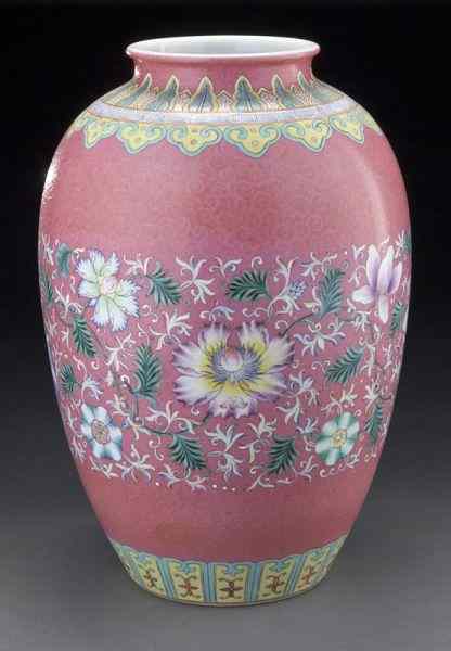 Appraisal: Chinese pink porcelain vasedepicting flowers ''H Circa - th C